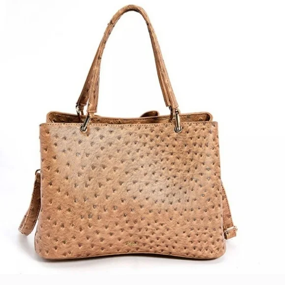 Ostrich Bow Faux Leather 3 Compartment Satchel - Camel - Picture 3 of 13